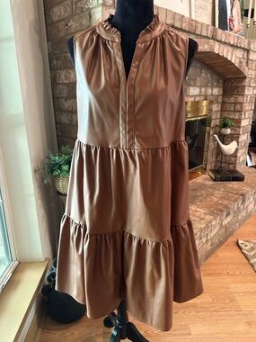 Skies Are Blue Sleeveless Faux Leather Tiered Mini Dress in Brown
